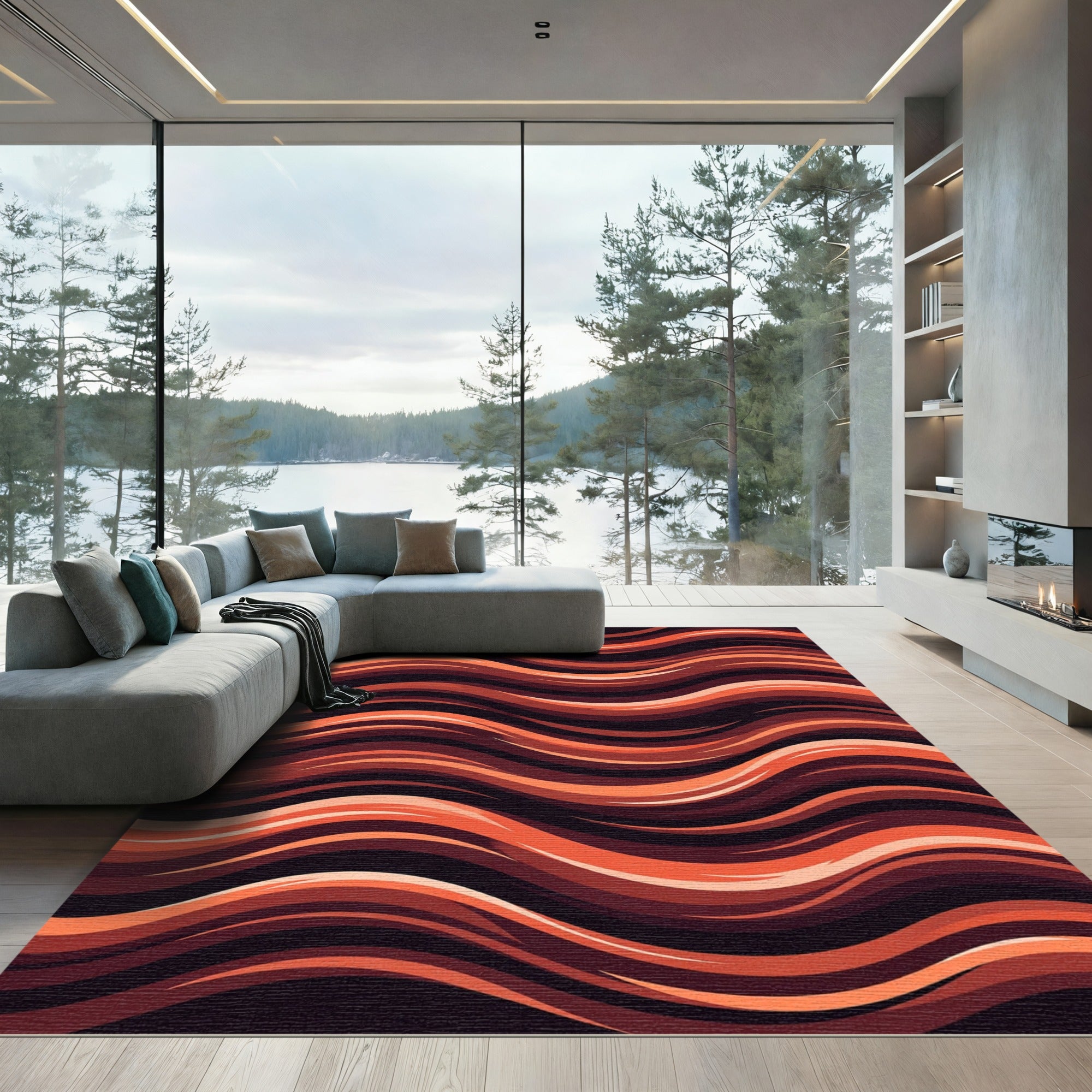 Warm Terracotta Abstract Wavy Lines Rug