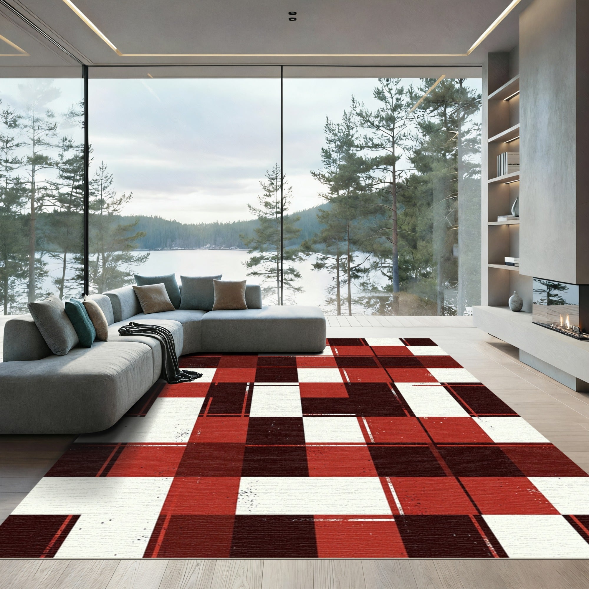 Modern Crimson Black Grid Geometric Rug