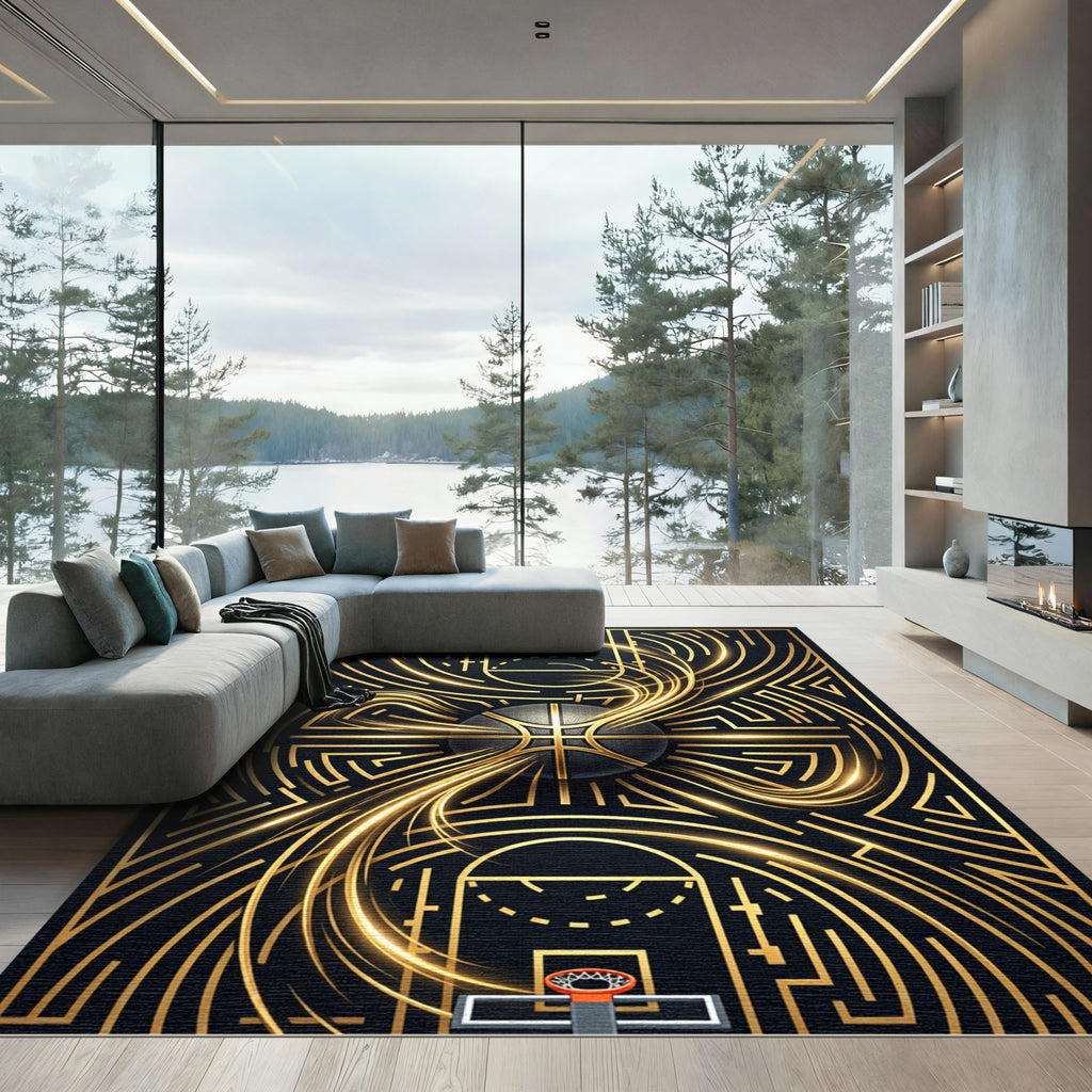 Golden Basketball Kinetic Energy Abstract Rug