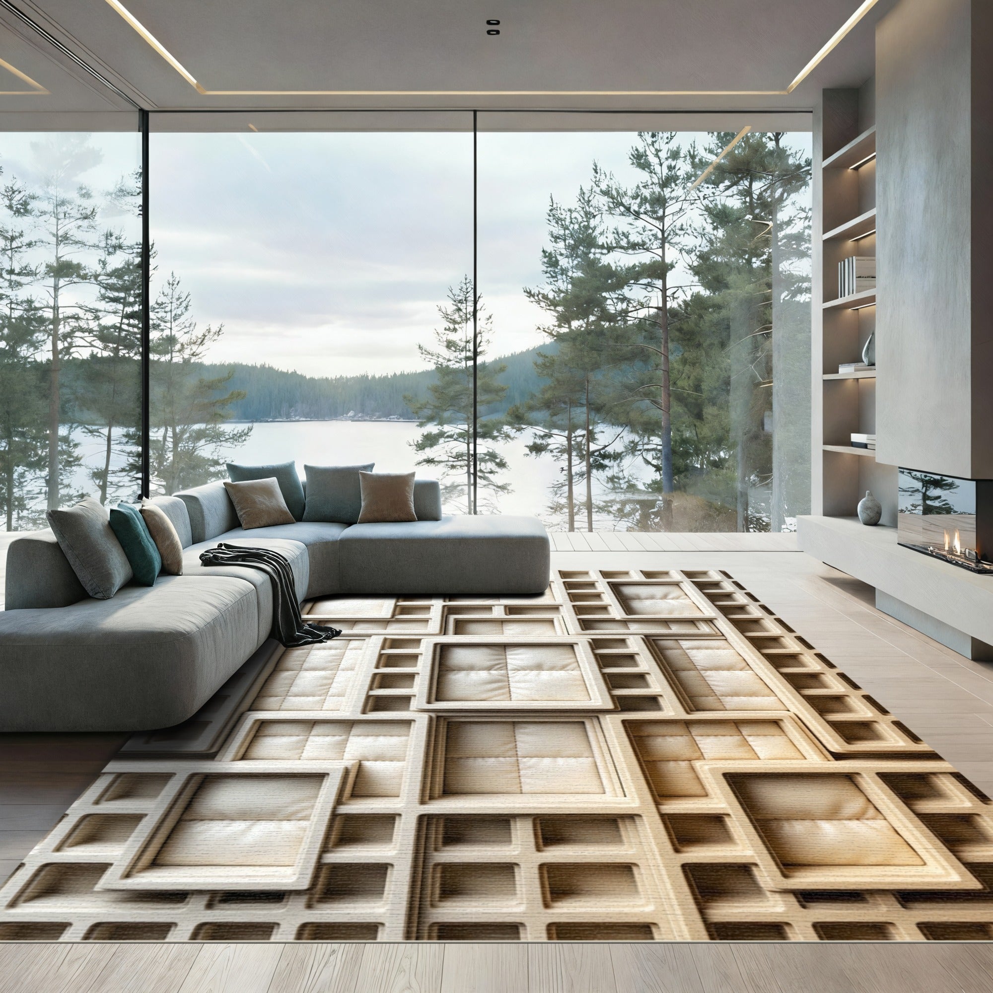 Cream Neutral Sculpted Grid Square Mosaic Rug