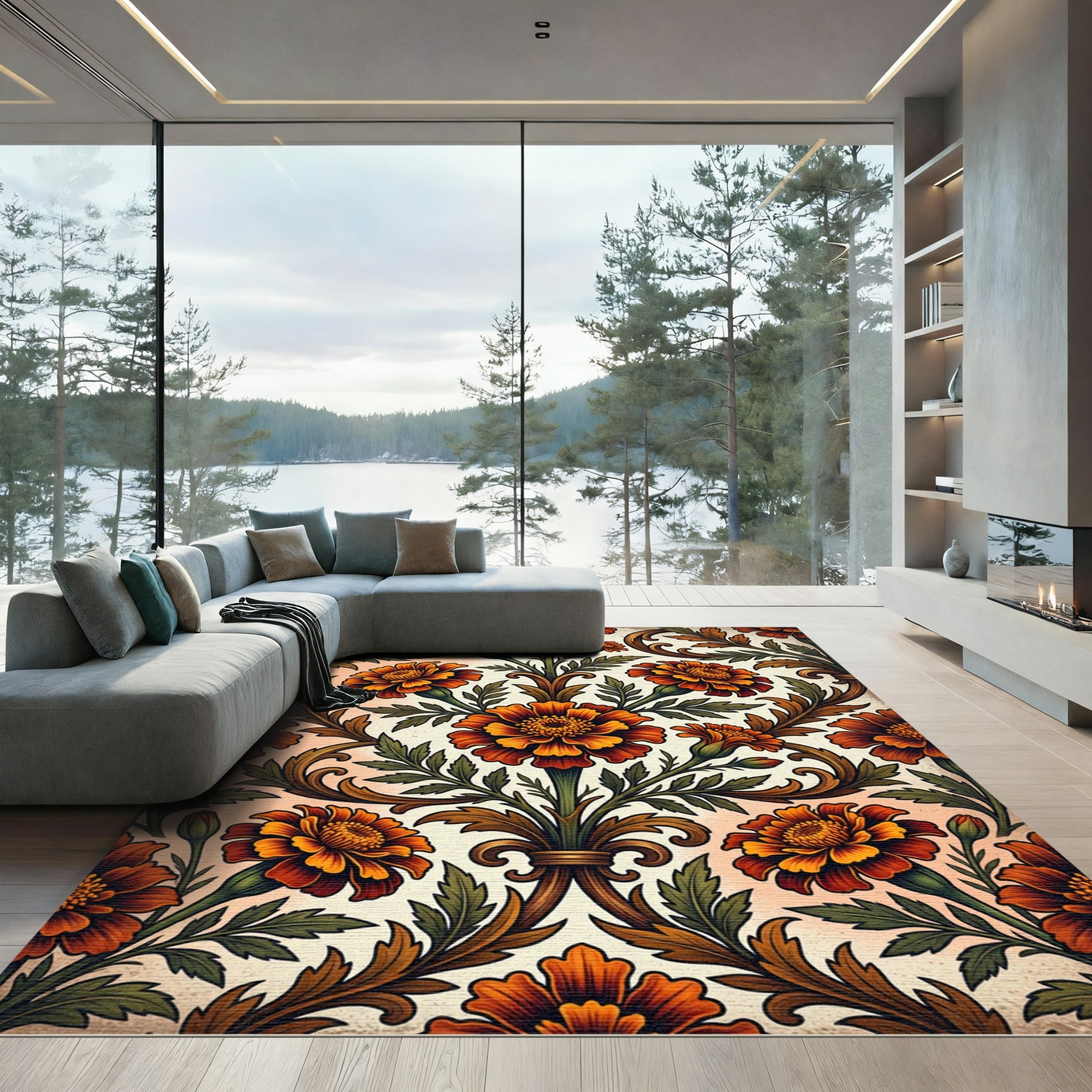 Vintage Marigold Floral Botanical Tapestry Rug