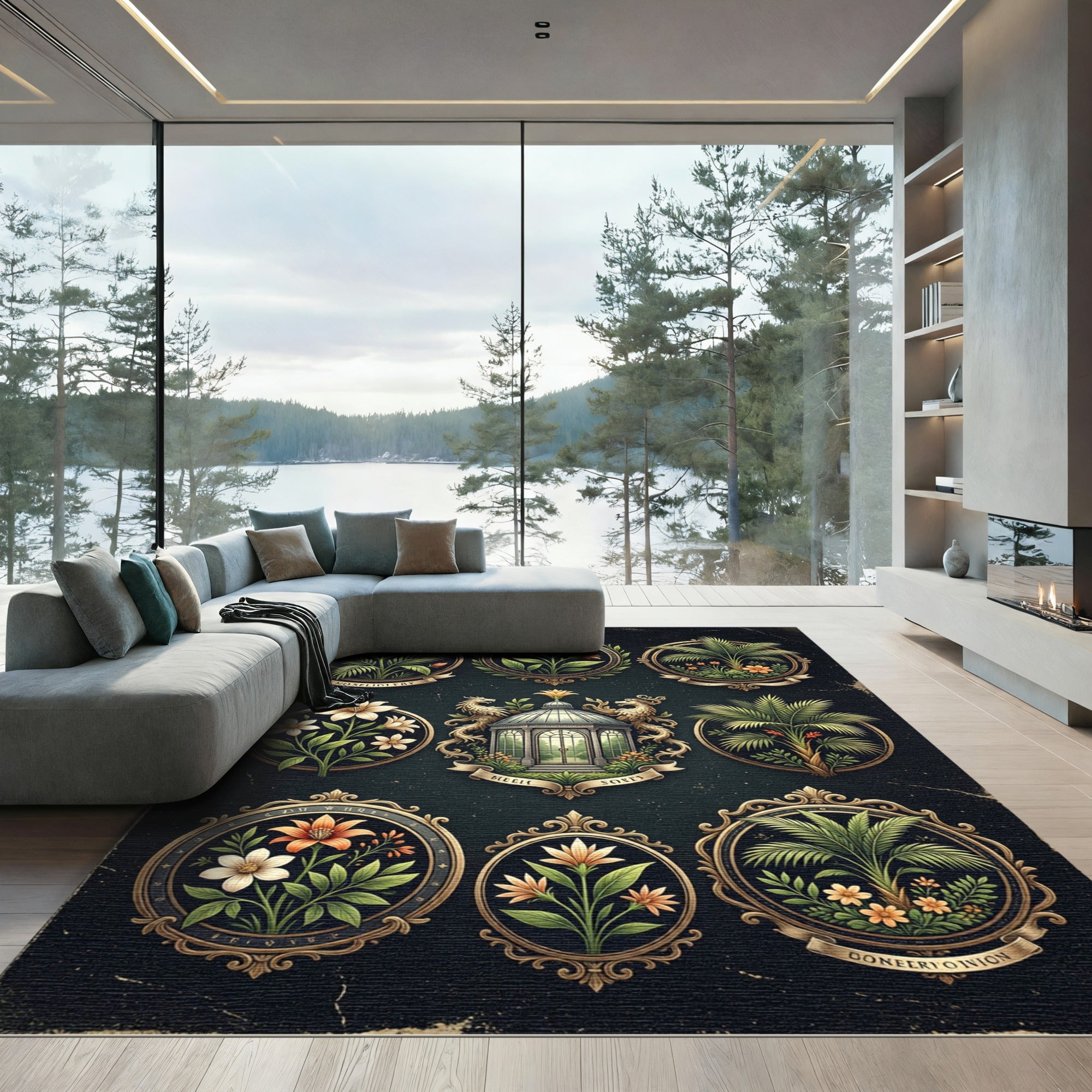 Ornate Floral Conservatory Emblem Rug
