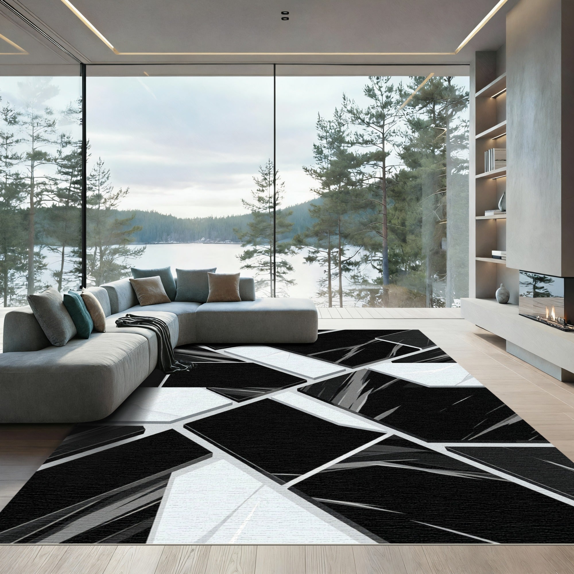 Modern Geometric Black White Shattered Rug