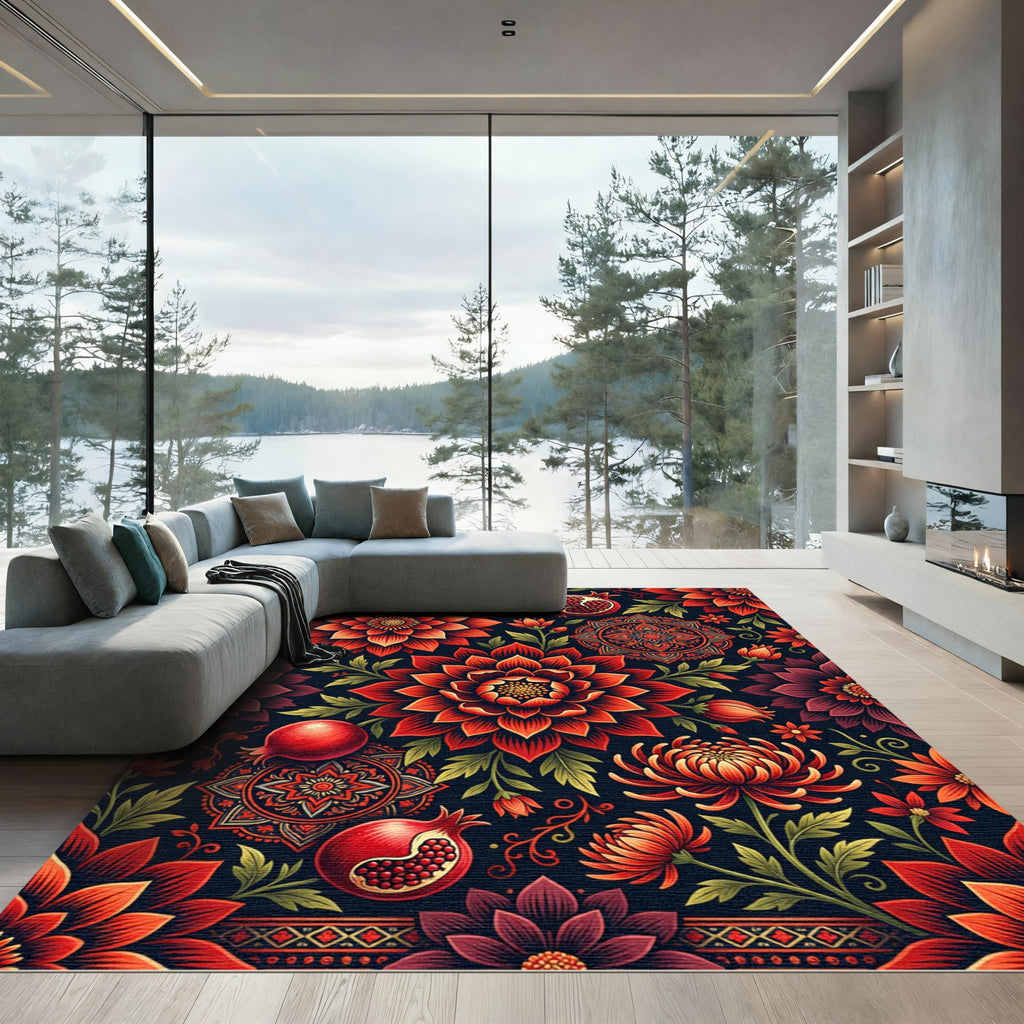 Crimson Red Floral Pomegranate Mandala Rug