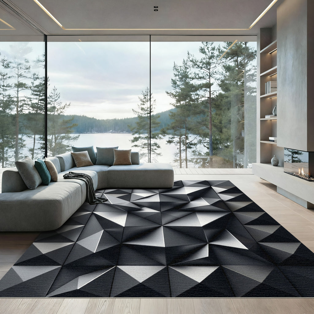 Monochrome Metallic 3D Geometric Facet Rug