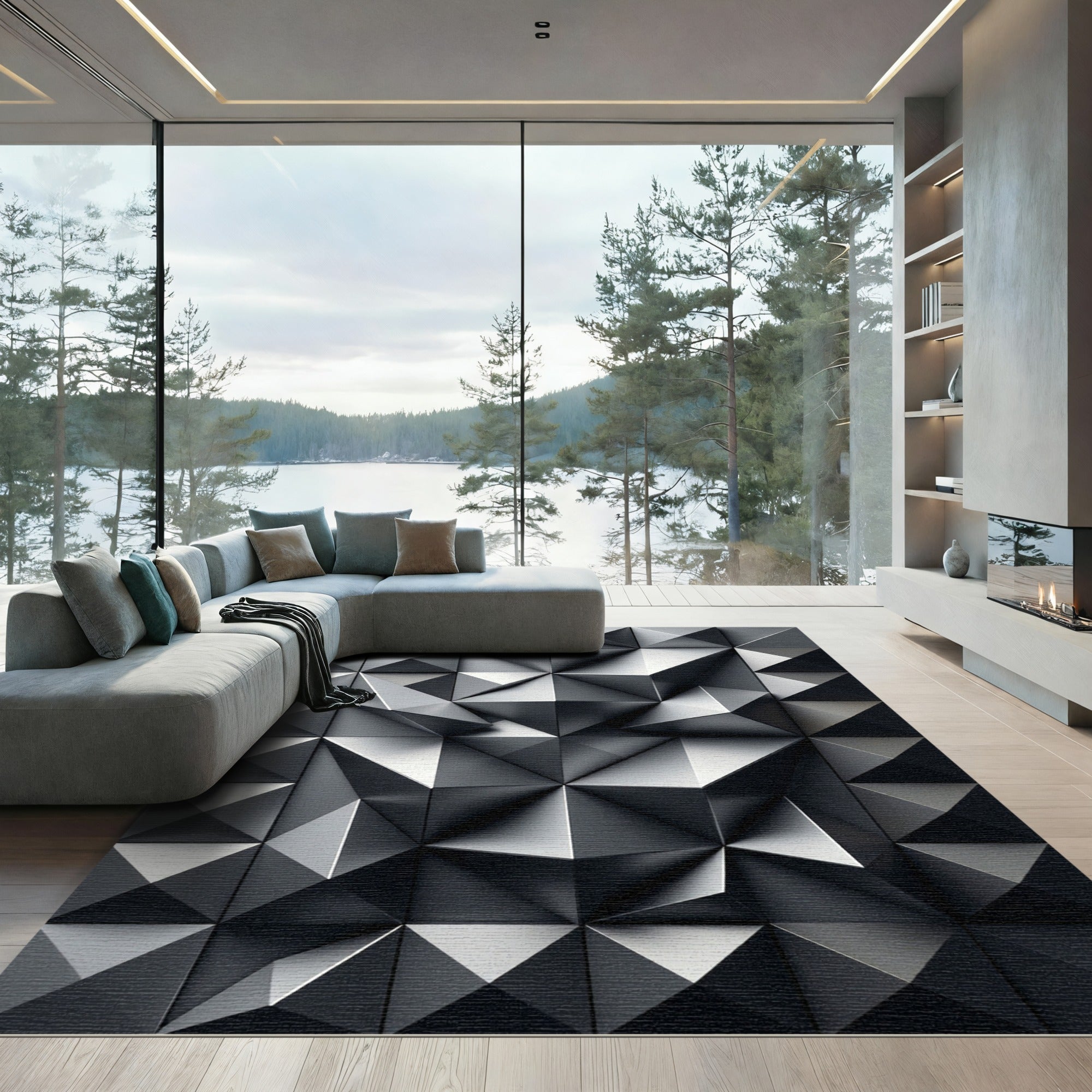 Monochrome Metallic 3D Geometric Facet Rug
