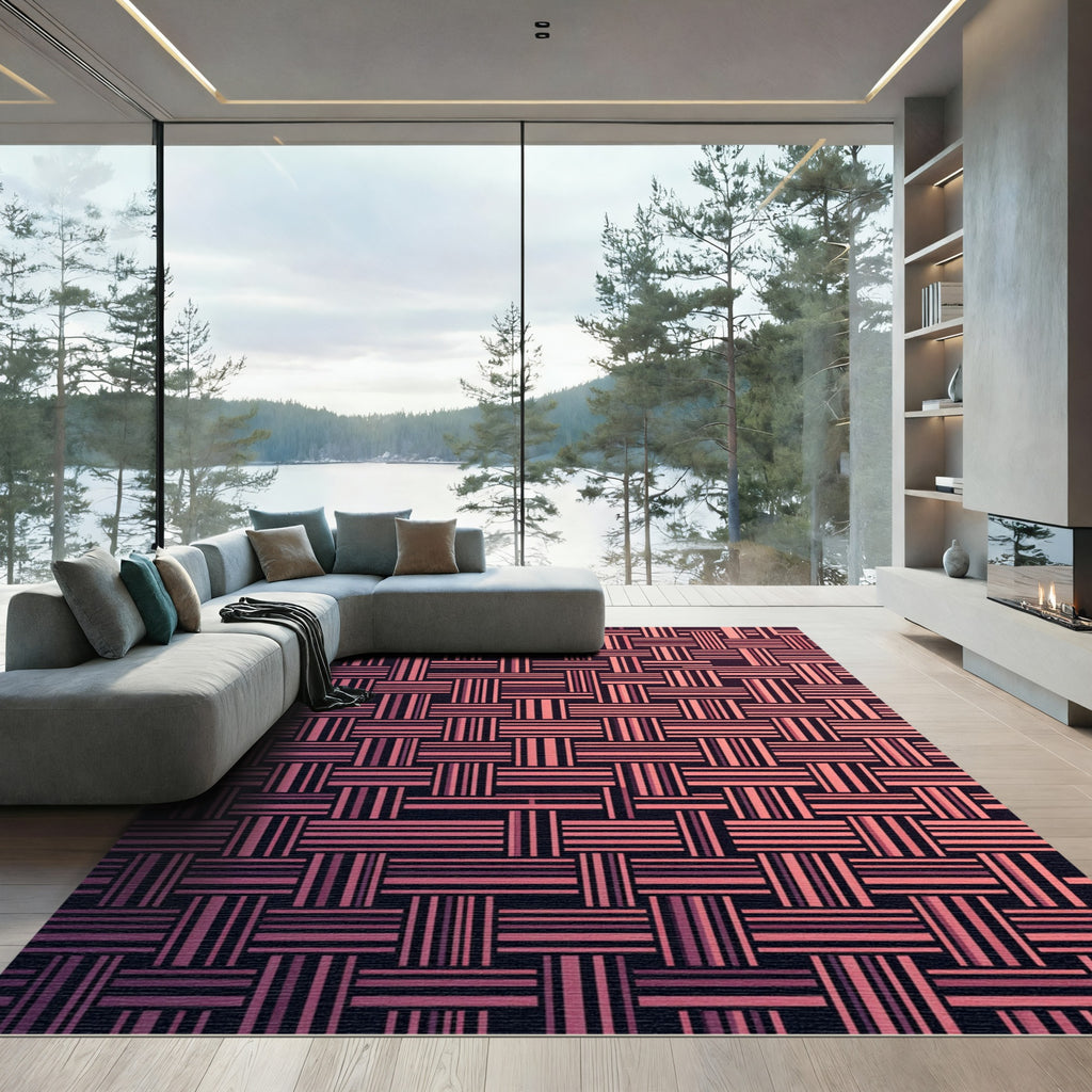 Modern Blush Rose Woven Basket Grid Rug