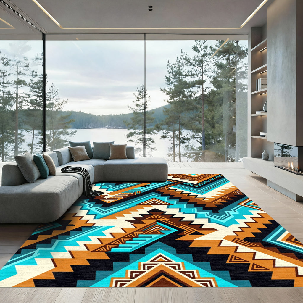 Vibrant Turquoise and Ochre Geometric Chevron Rug