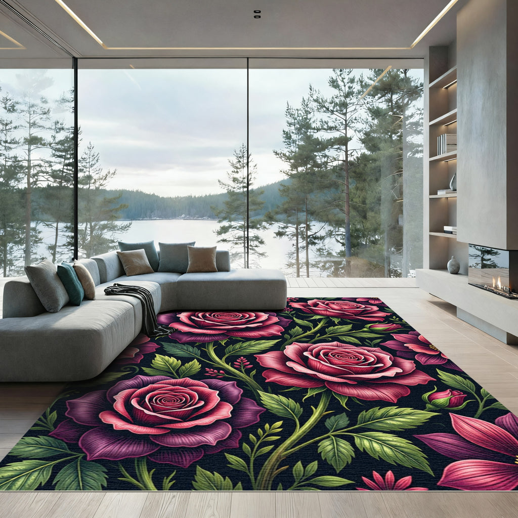 Dark Romantic Rose Floral Botanical Rug