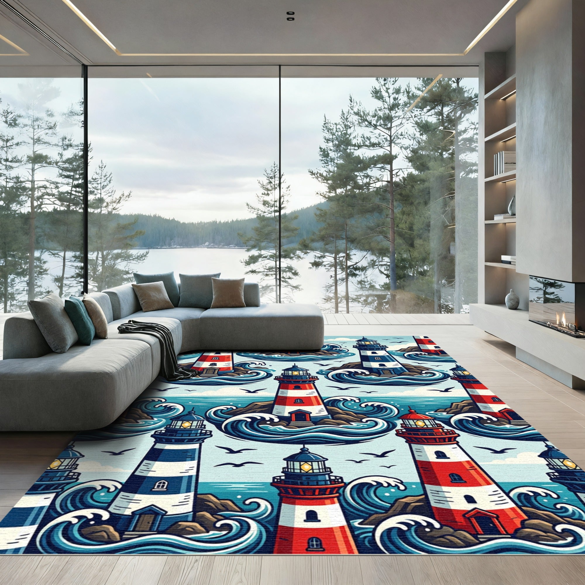 Coastal Lighthouses Crashing Waves Rug