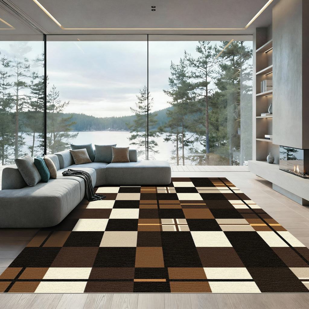 Modern Earthy Tone Geometric Checkered Rug