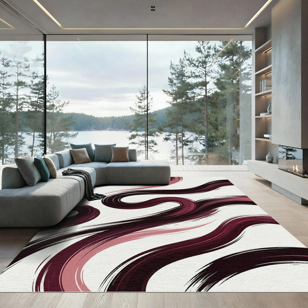 Minimalist Merlot Abstract Fluid Wave Rug