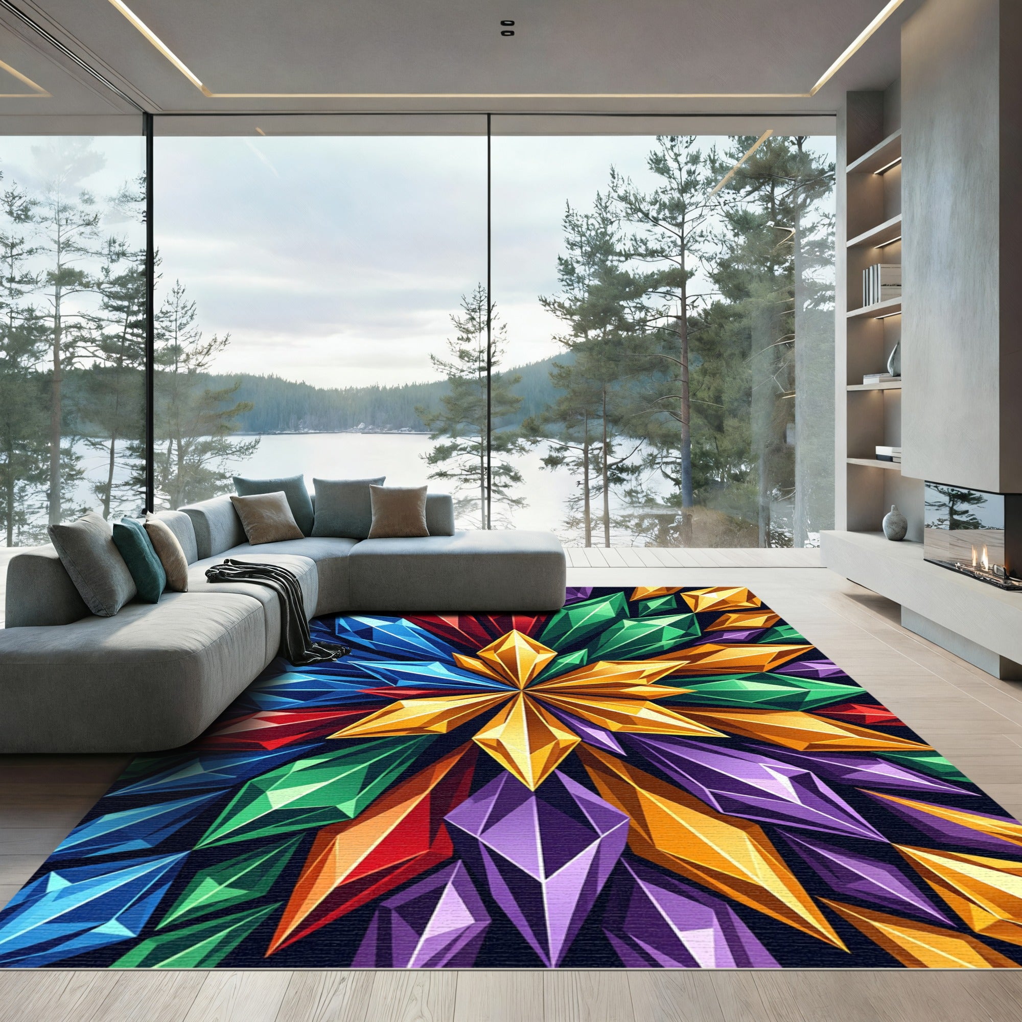 Vibrant Geometric Jeweled Starburst Art Rug