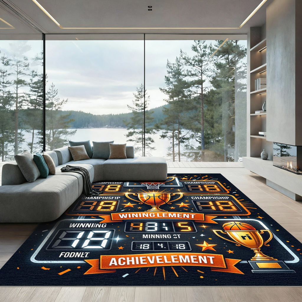 Golden Basketball Championship Trophy Scoreboard Rug