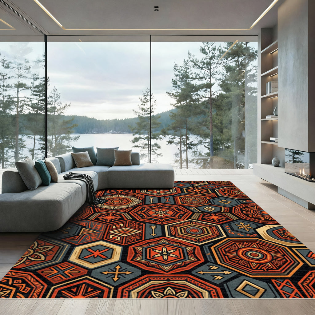 Tribal Hexagon Geometric Terracotta Ochre Art Rug