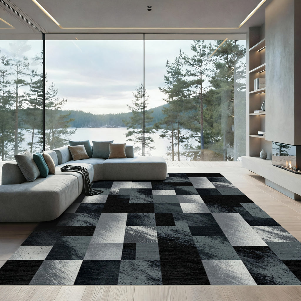 Monochromatic Textured Gray Geometric Block Rug
