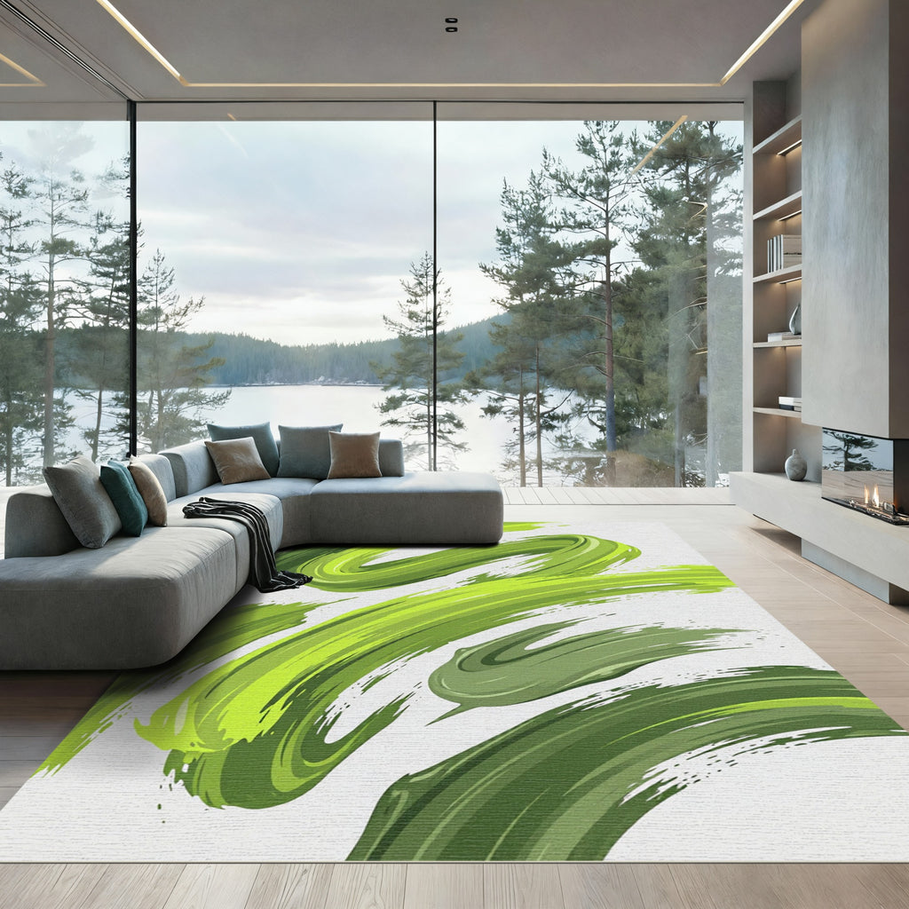 Modern Abstract Lime Green Swirl Rug