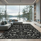Ornate Silver Floral Swirl Border Rug