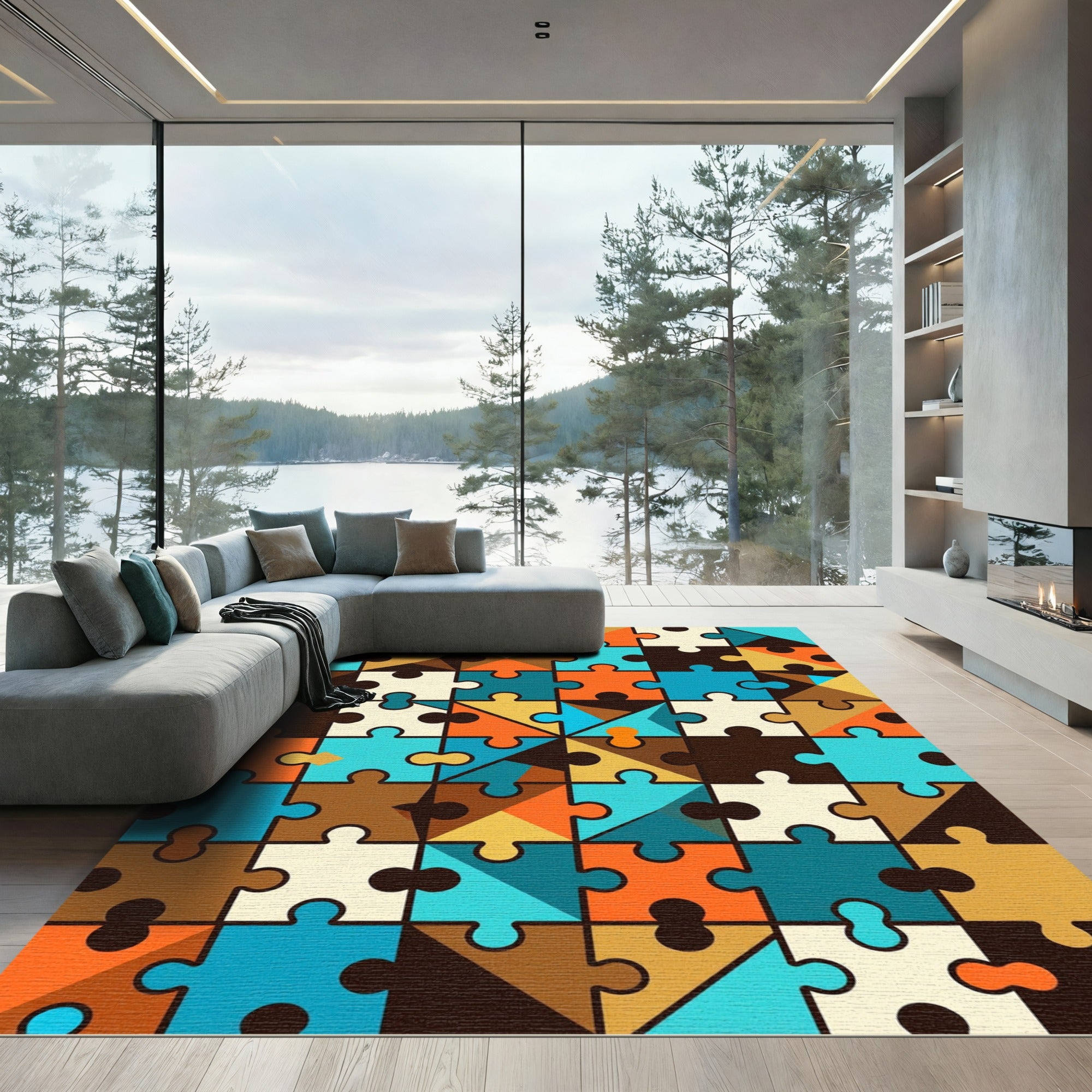 Abstract Puzzle Pieces Geometric Composition Rug
