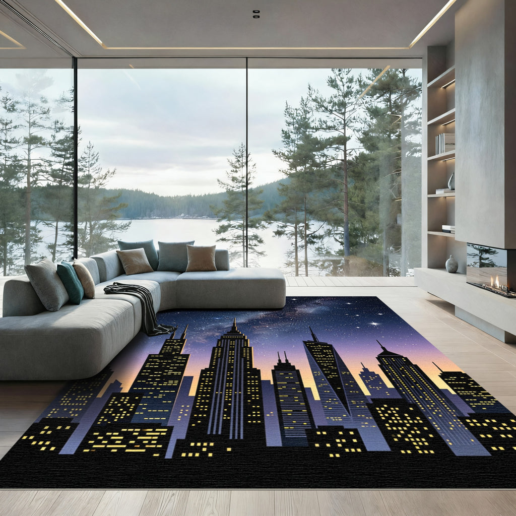 Golden City Skyline Starry Night Rug
