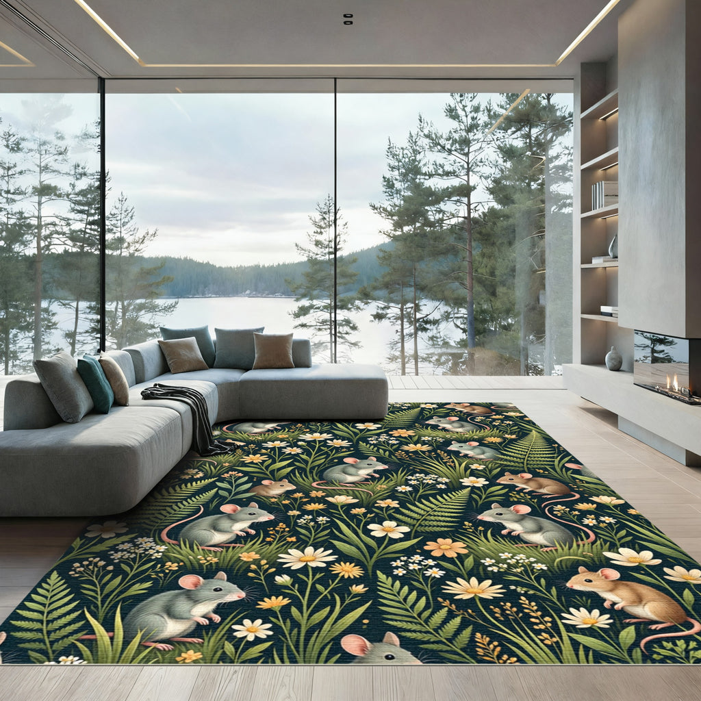 Whimsical Mice and Meadow Flower Field Rug
