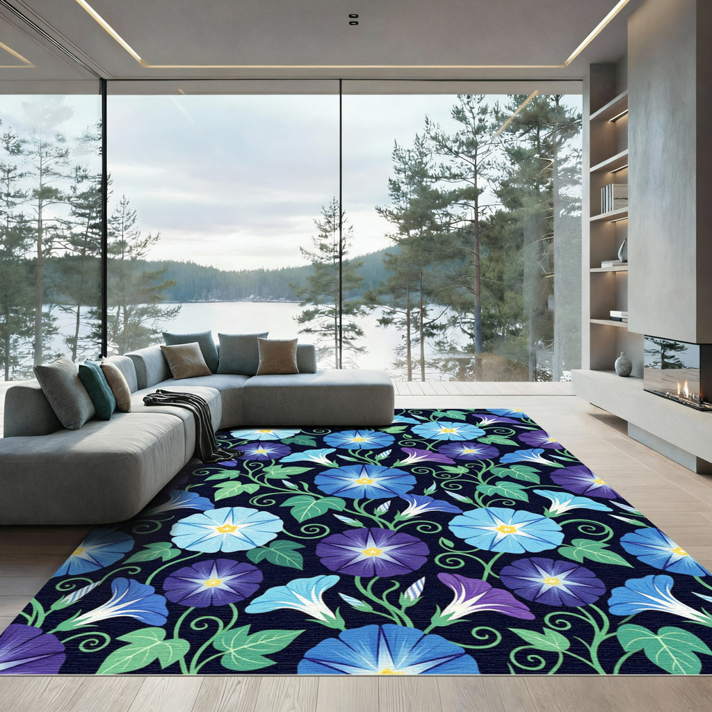 Vibrant Blue Morning Glory Botanical Rug