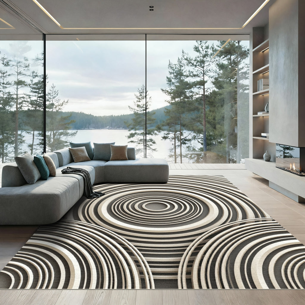 Modern Minimalist Gray Circular Concentric Rug