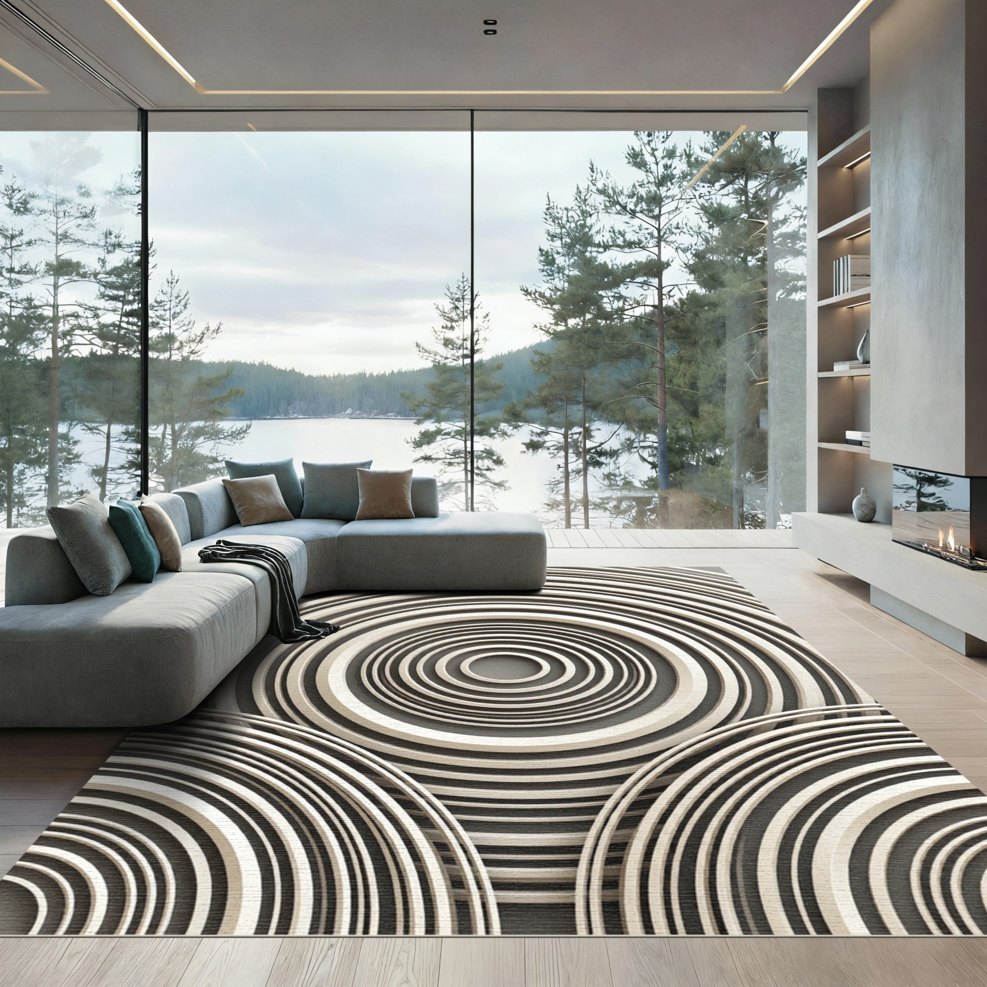Modern Minimalist Gray Circular Concentric Rug