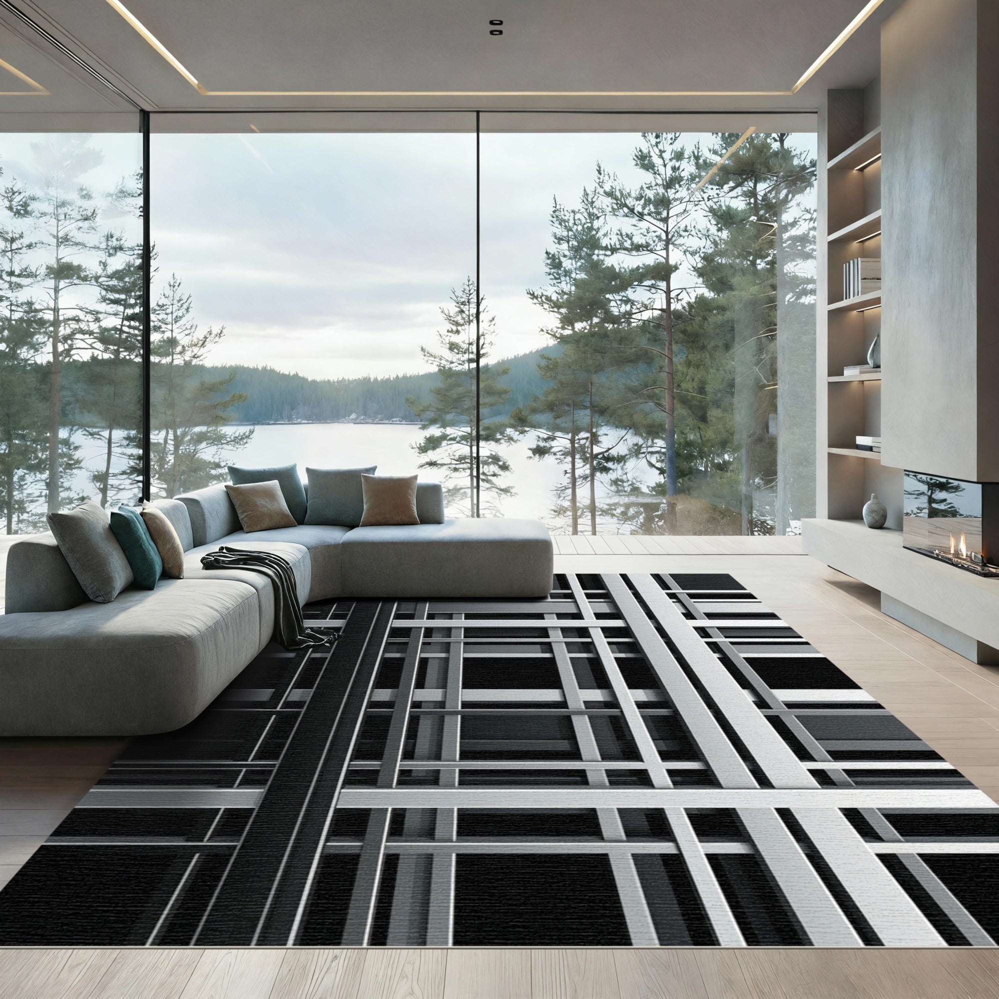 Sophisticated Monochrome Geometric Linear Grid Rug