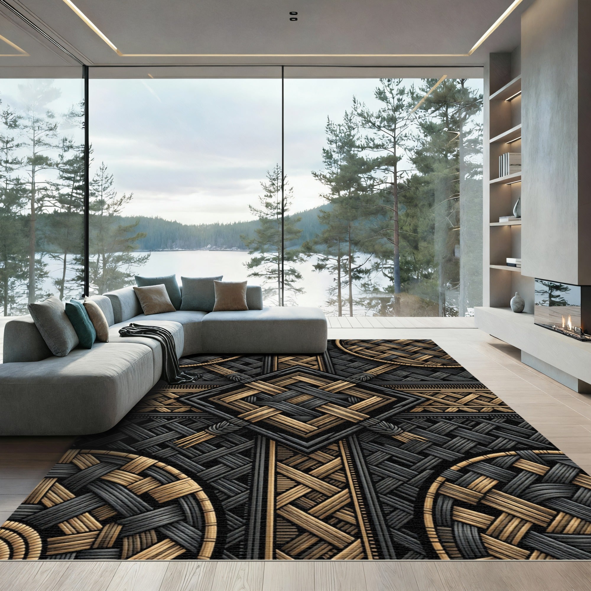 Ornate Braided Gold Dark Knot Rug