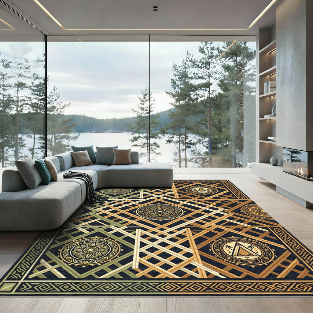 Earthy Geometric Medallion Intersecting Lines Rug