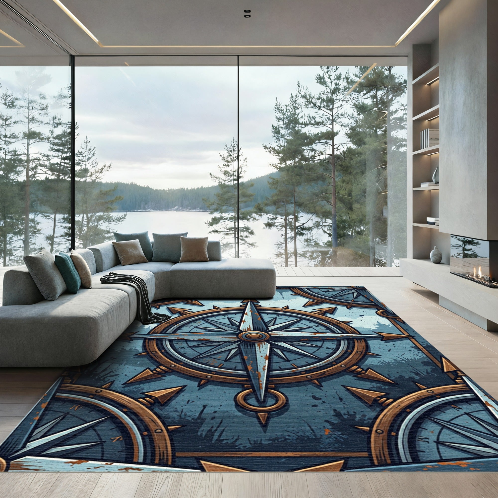 Rustic Weathered Blue Compass Nautical Art Rug