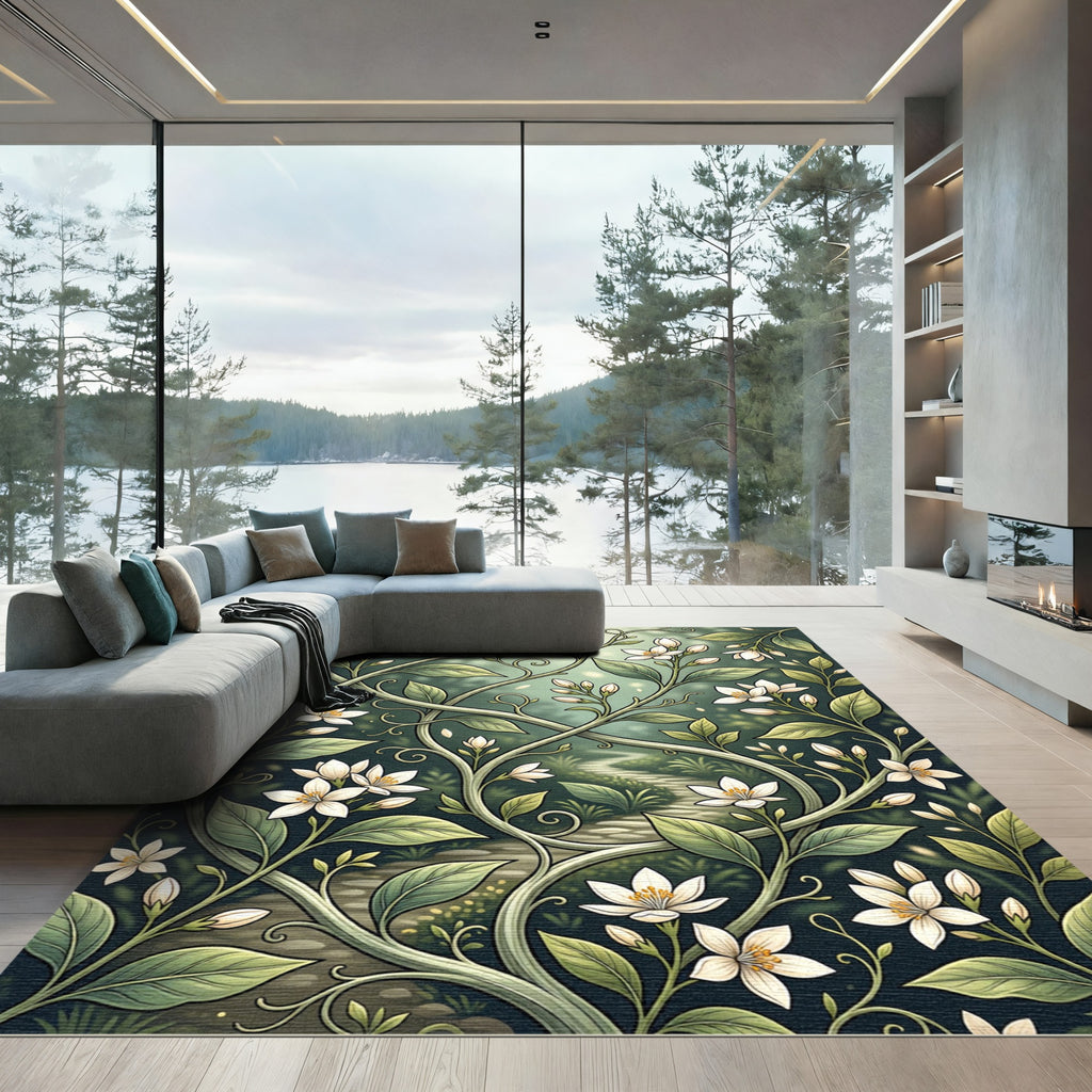 Elegant White Blossom Green Botanical Vine Rug