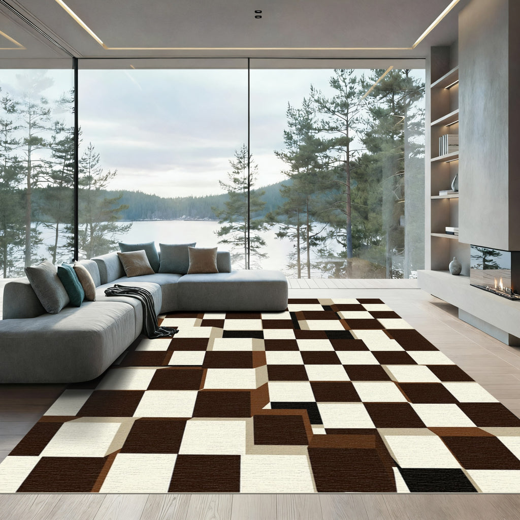 Brown White 3D Checkerboard Cubes Rug