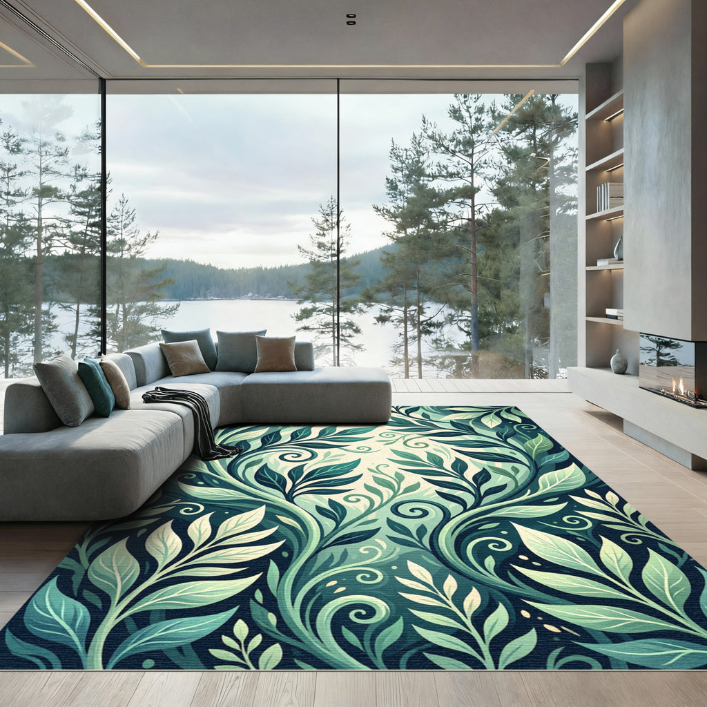 Lush Emerald Botanical Leaf Scroll Rug