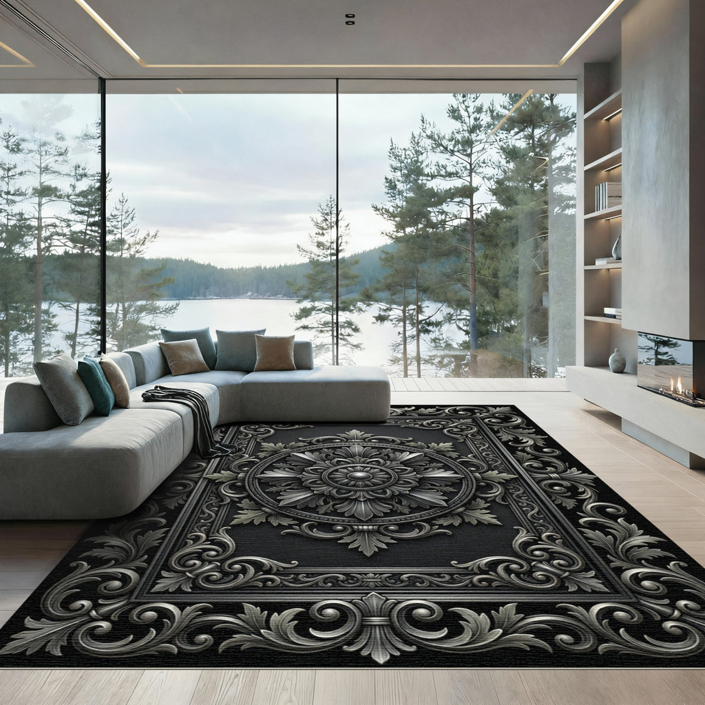 Ornate Silver Floral Rectangle Medallion Rug