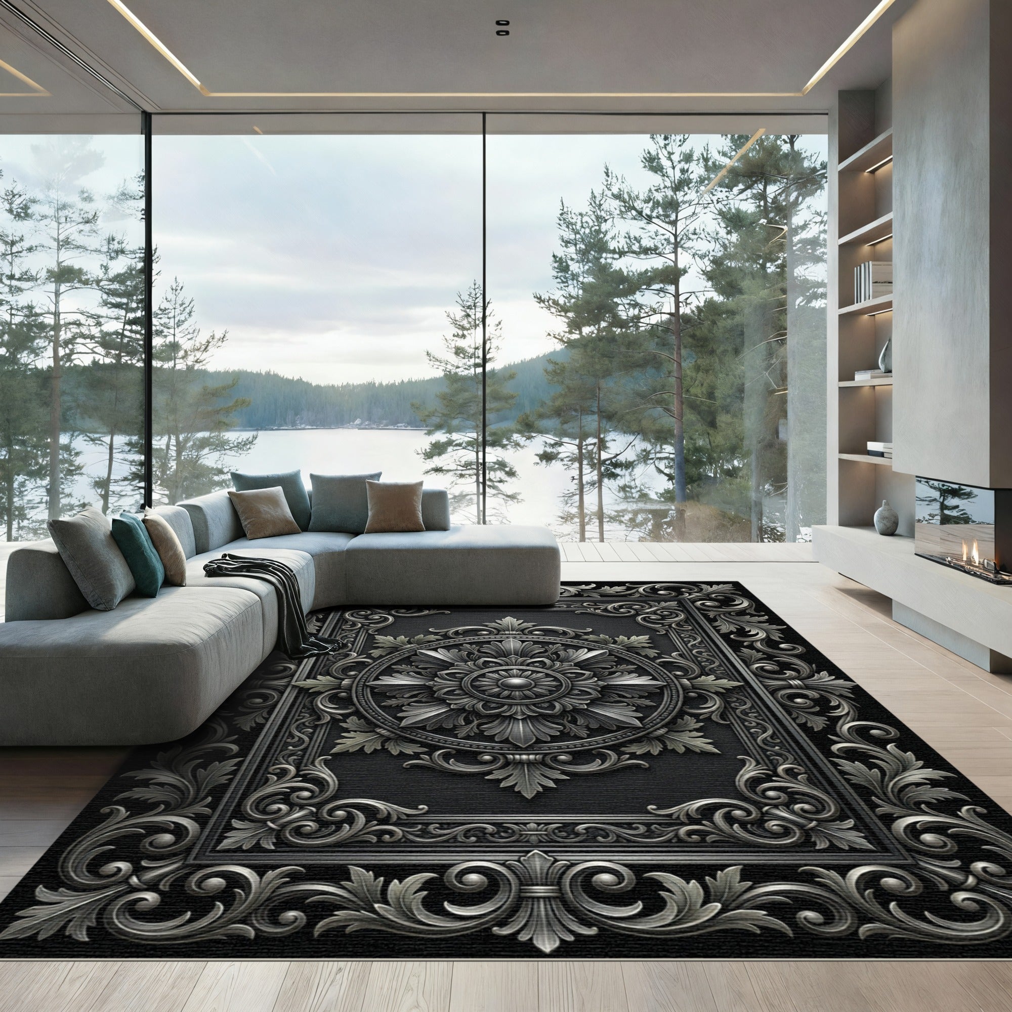 Ornate Silver Floral Rectangle Medallion Rug