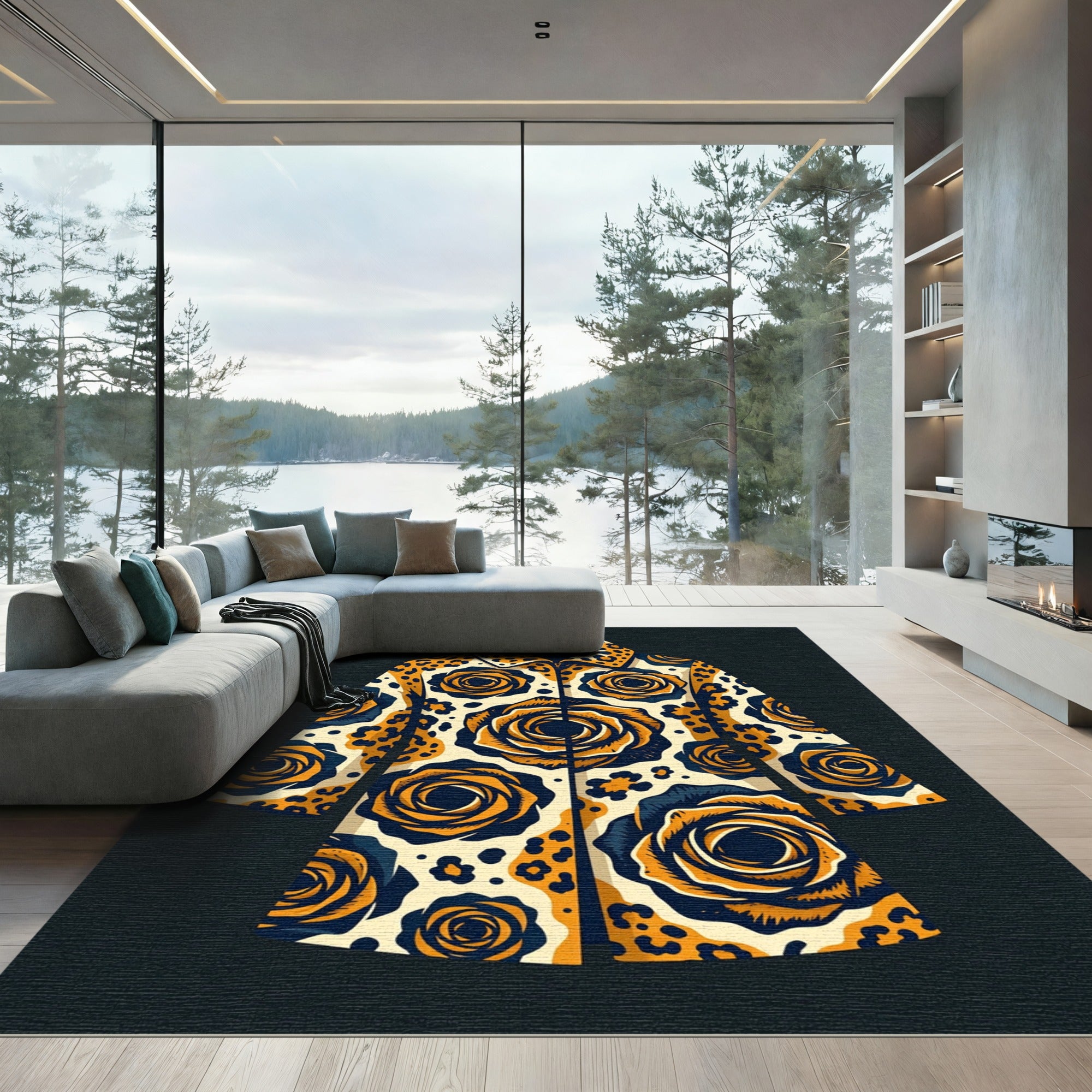 Bold Golden Rose Leopard Coat Rug