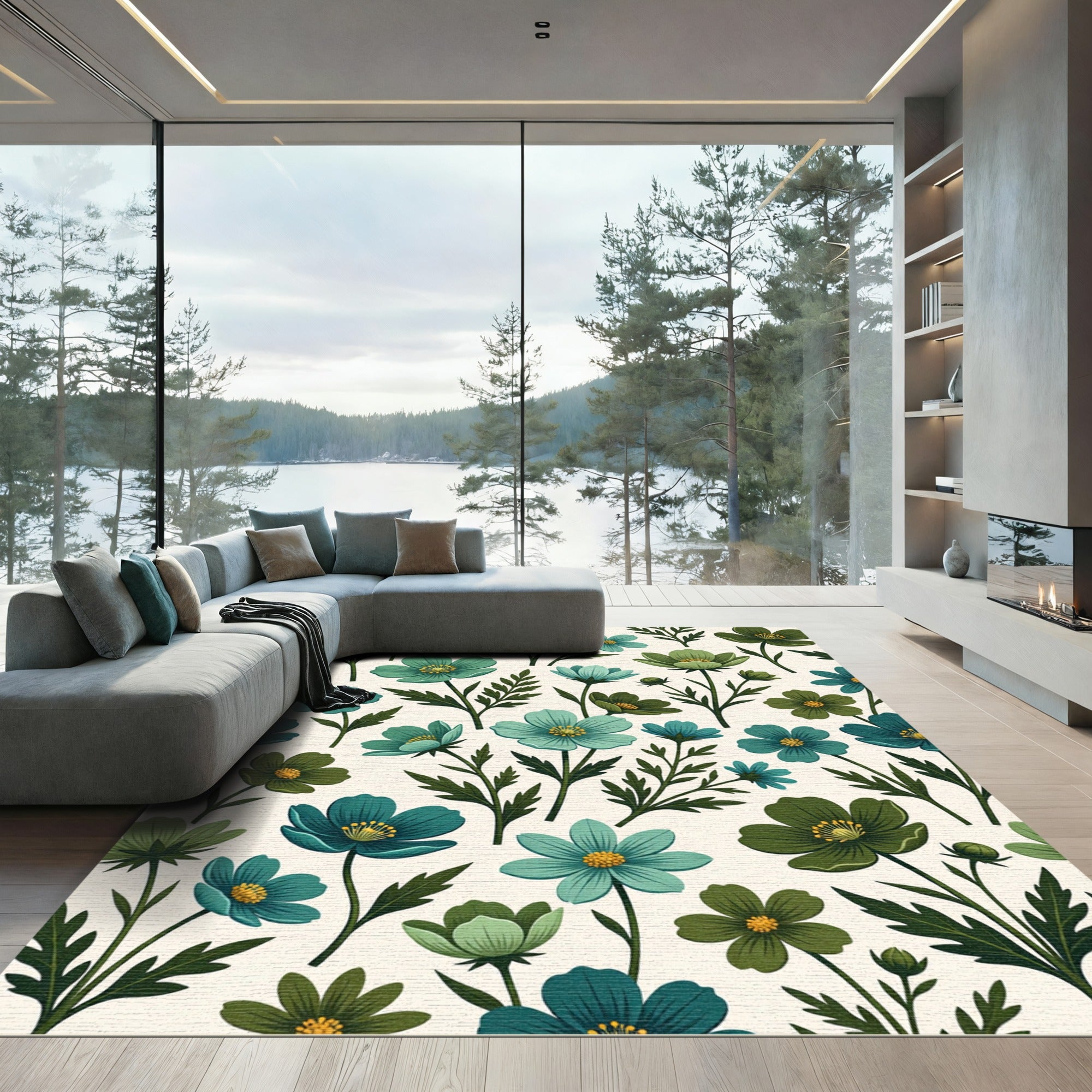 Teal Green Floral Botanical Composition Rug