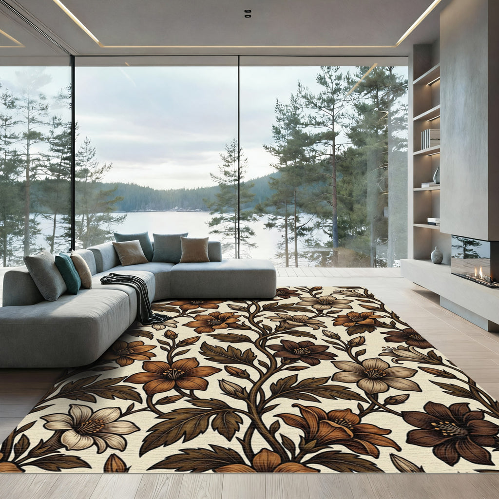 Earthy Brown Floral Vine Tapestry Rug