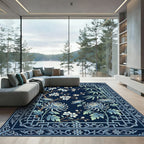 Chinoiserie Blue Botanical Bamboo Plum Blossom Rug