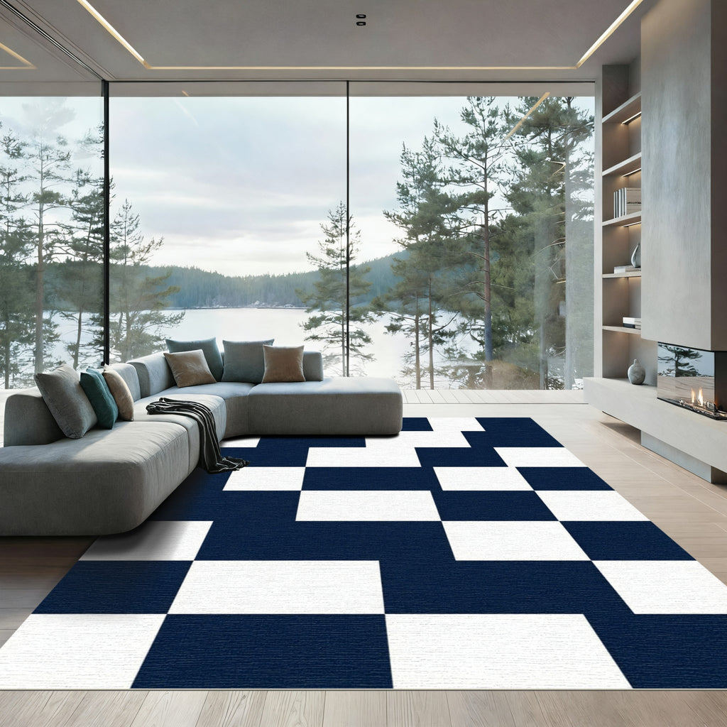Navy Blue White Abstract Geometric Block Rug