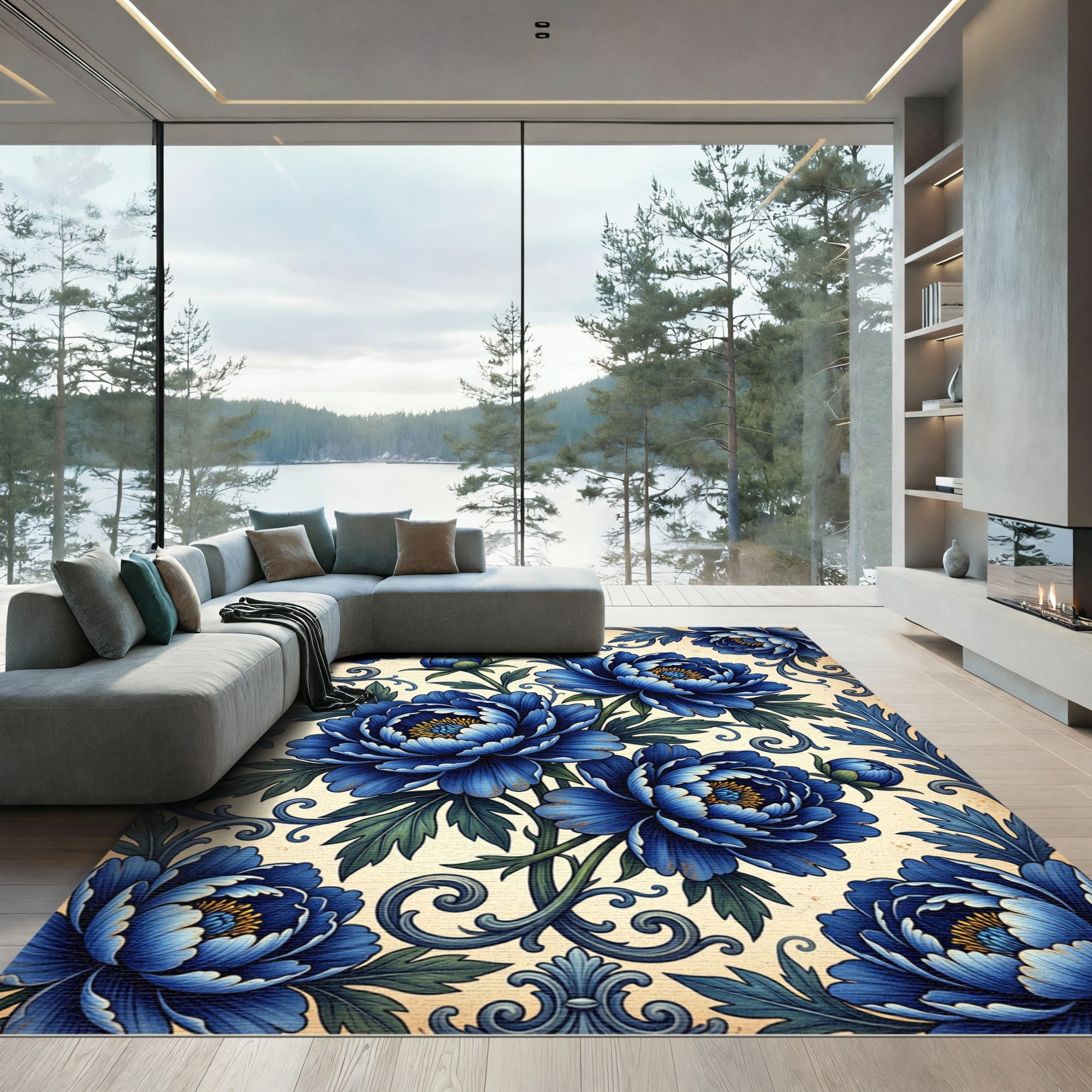 Emerald Green Blue Floral Scroll Rug