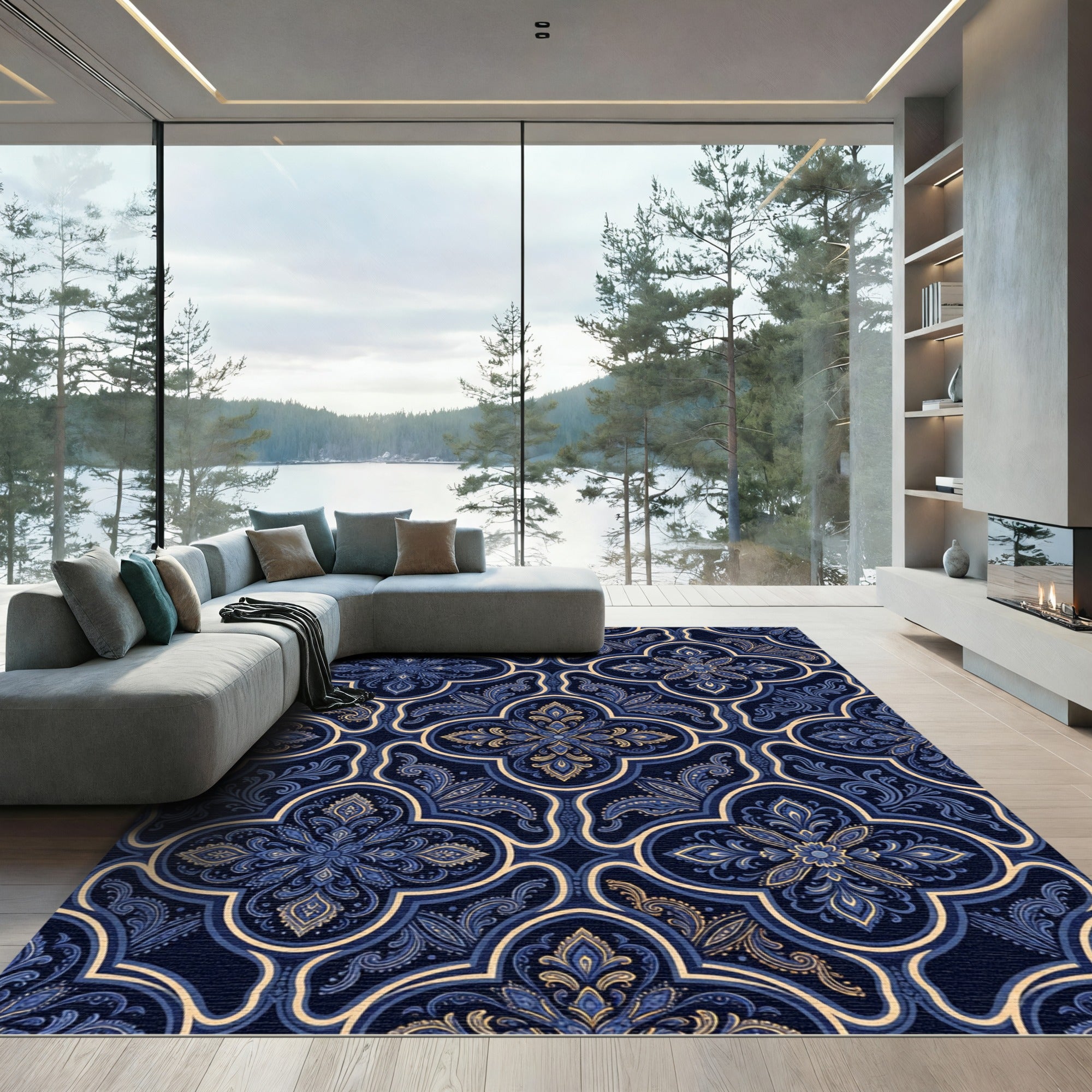 Elegant Midnight Blue Damask Medallion Rug
