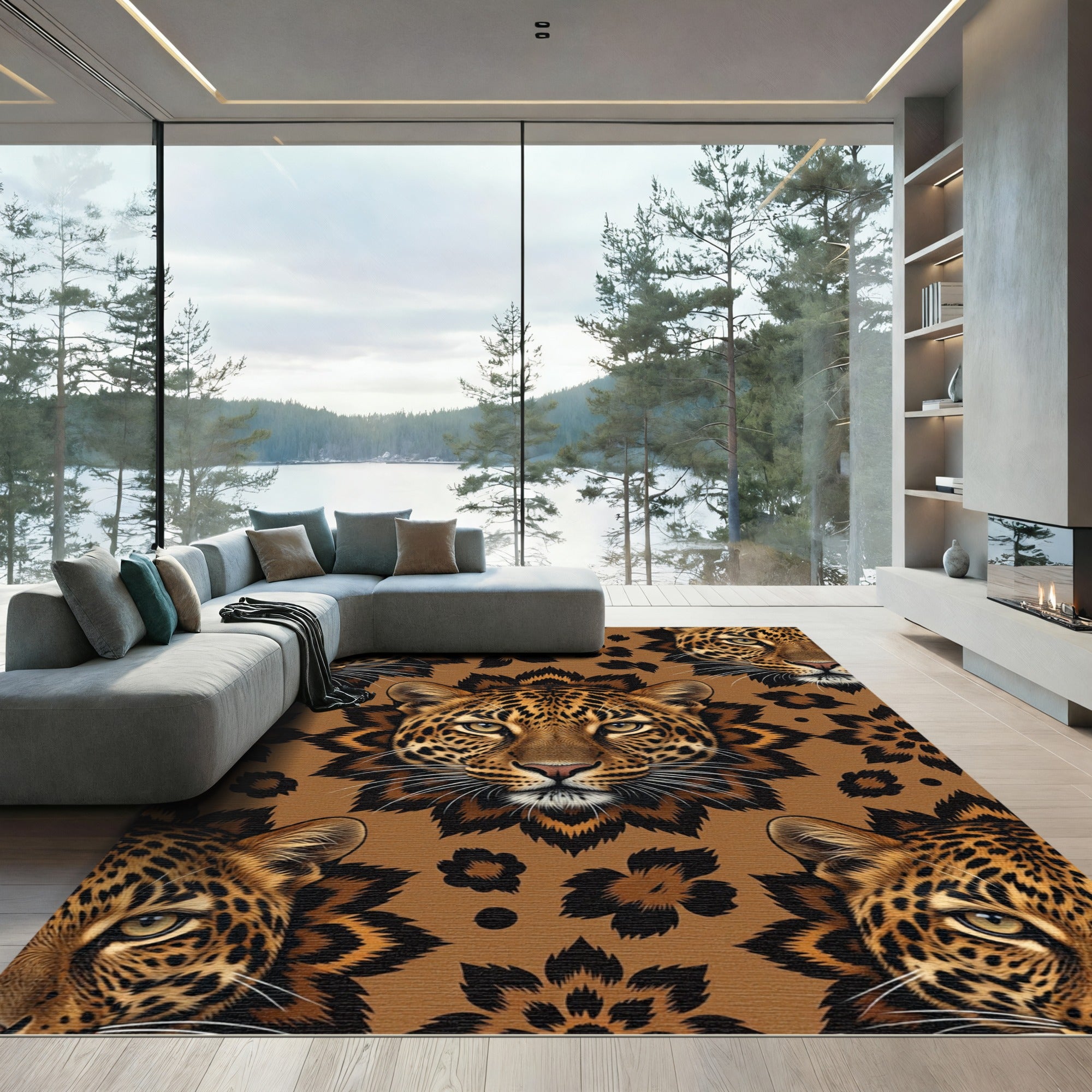 Majestic Leopard Face Floral Medallion Rug