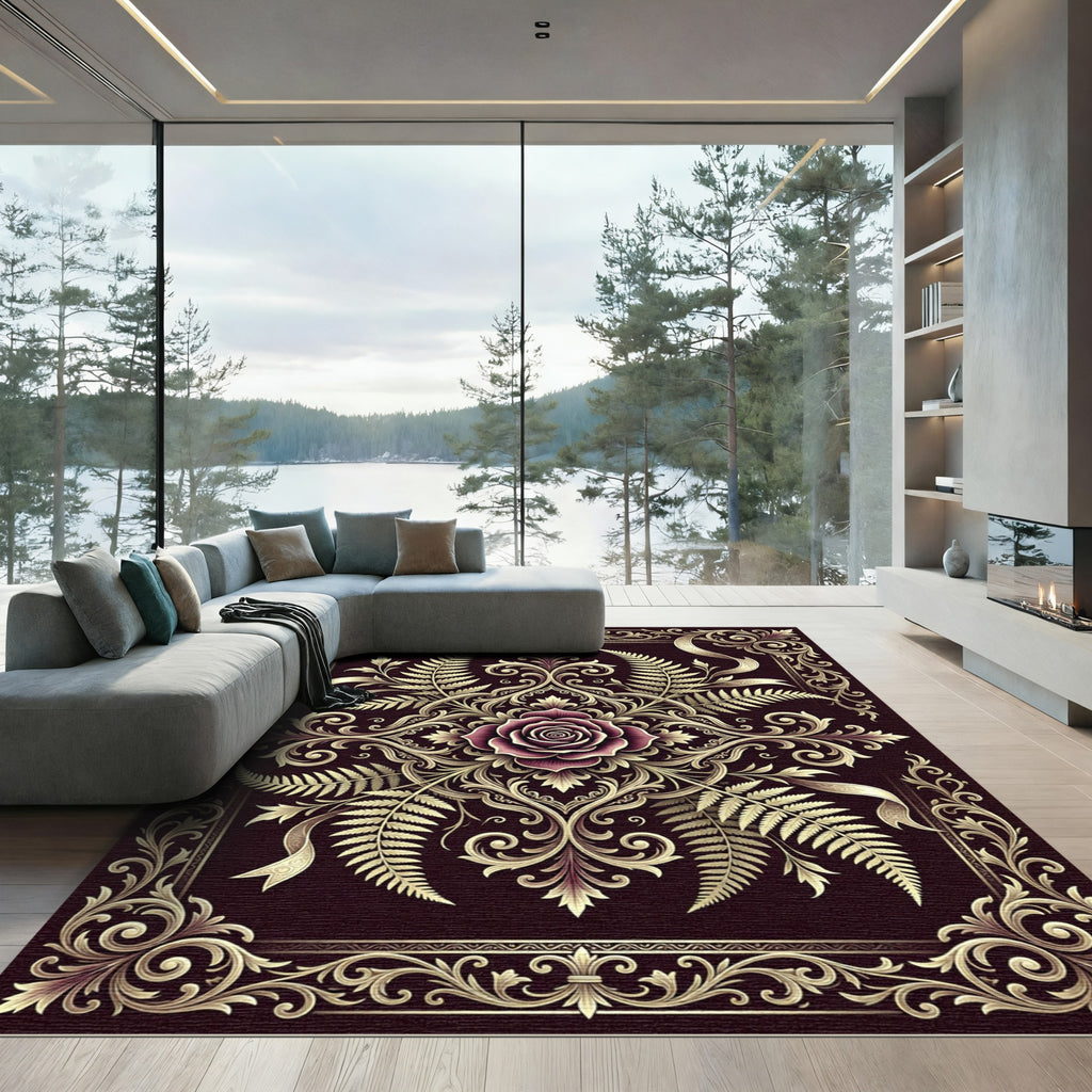 Elegant Burgundy Rose Gold Fern Medallion Rug