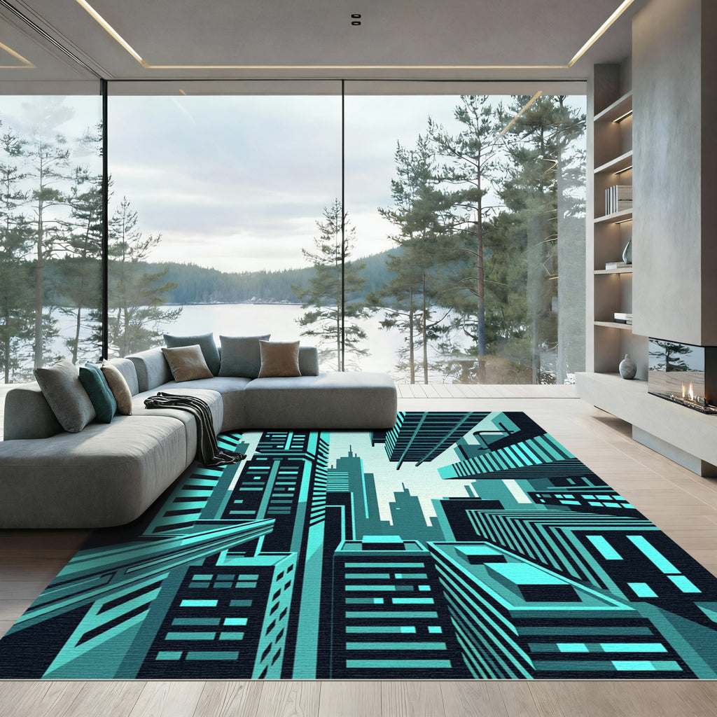 Futuristic Teal Geometric Skyscraper Skyline Rug