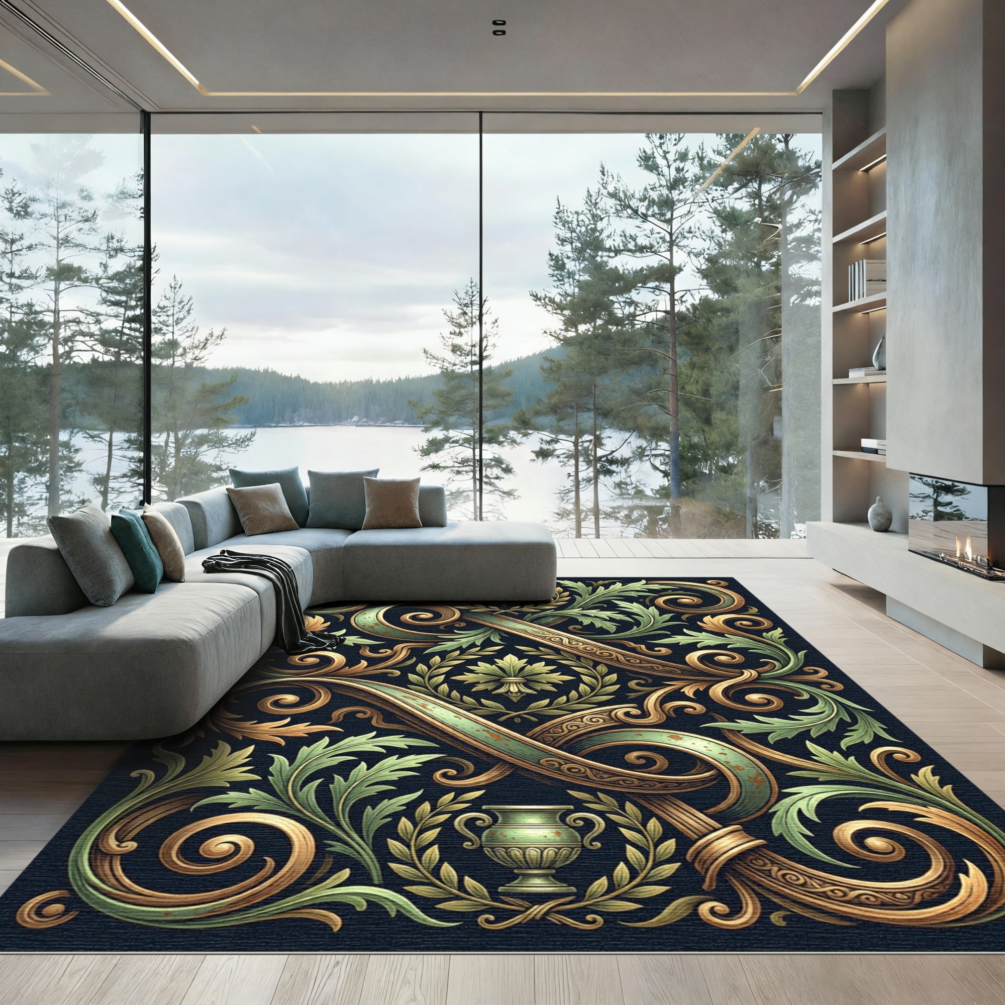 Ornate Green Gold Foliage Scroll Rug
