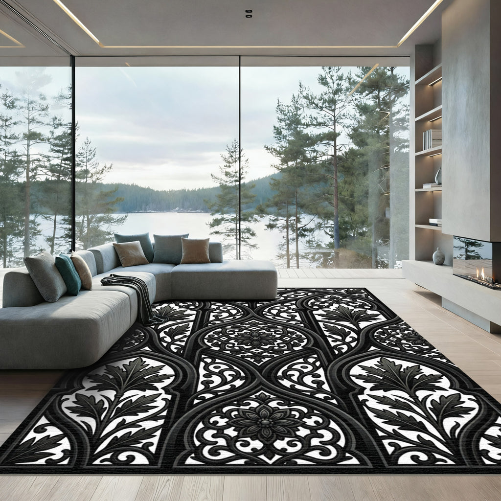 Ornate Charcoal Gothic Arch Filigree Rug