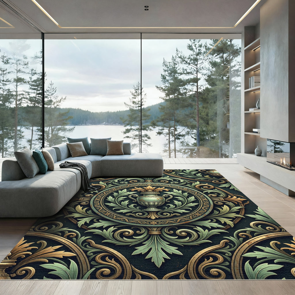 Neo Classical Sage Green Urn Medallion Rug